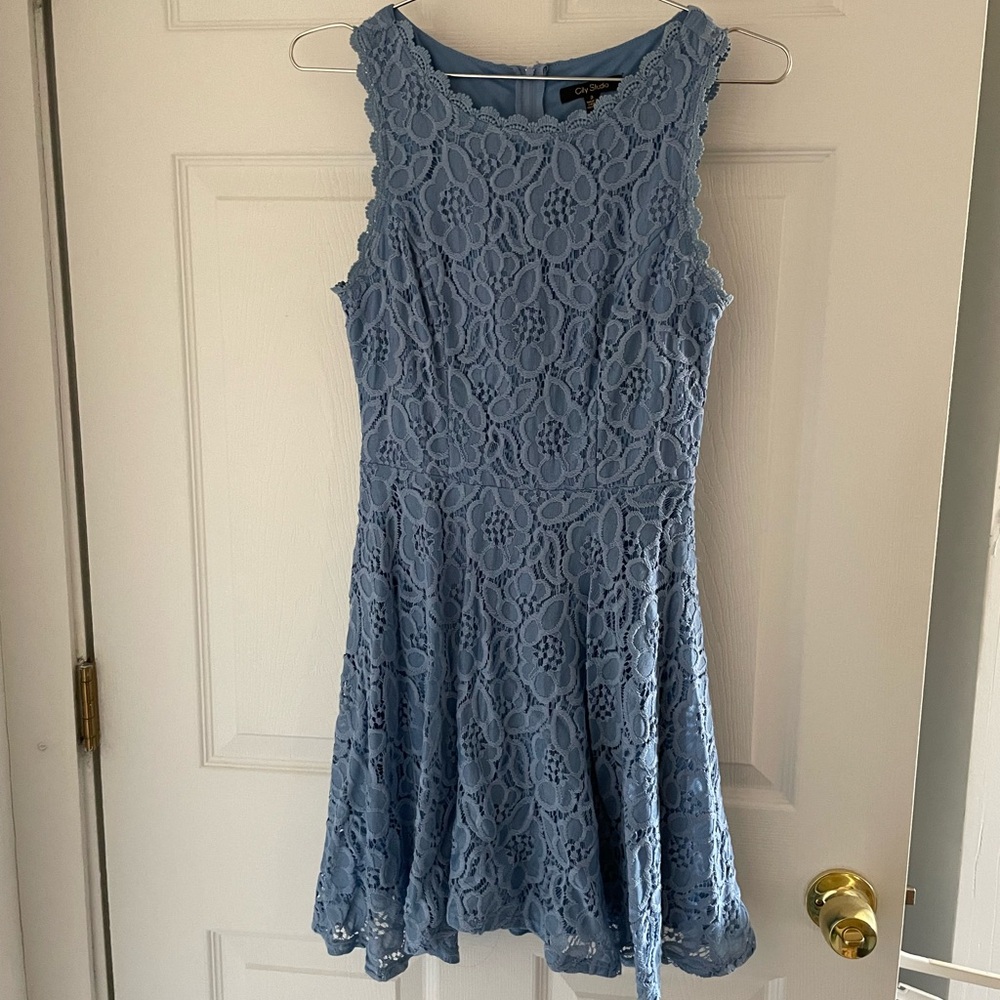 City Studio Light Blue Lace/Floral Mini Dress Size 3